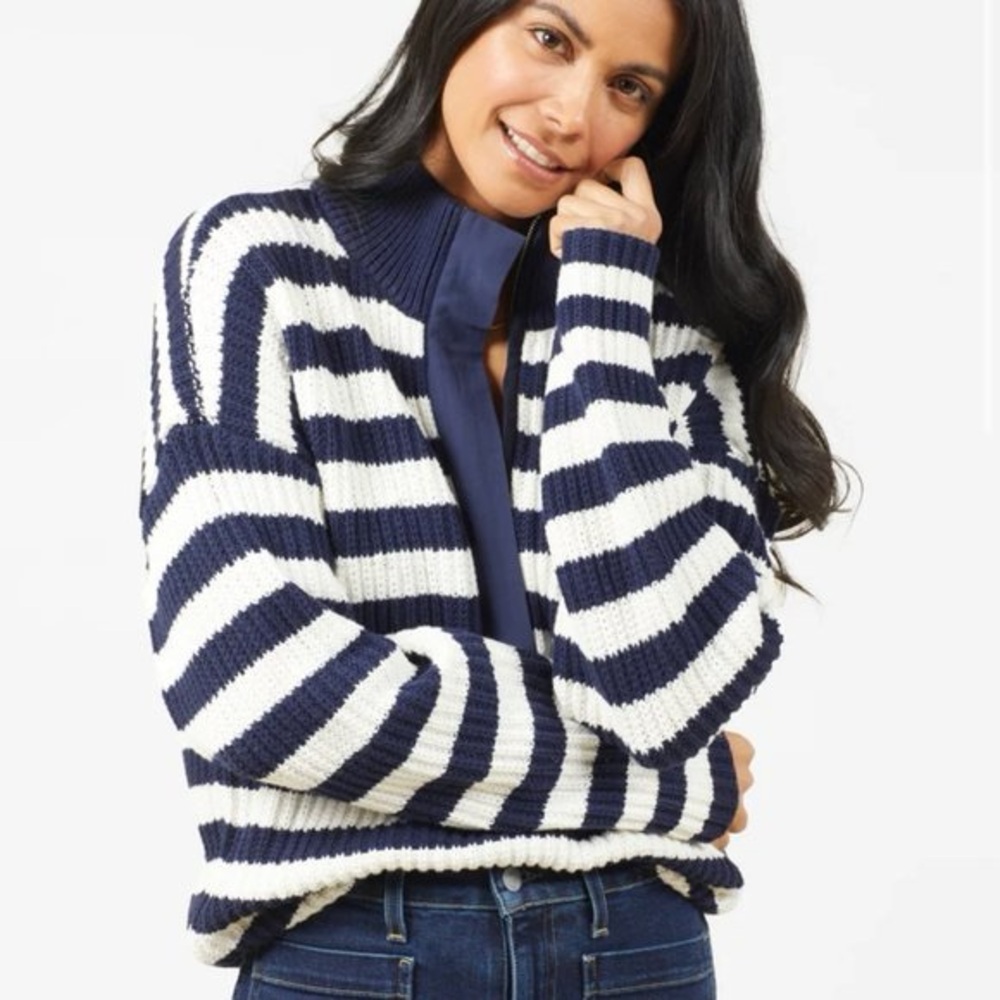 Outerknown Blue and White Montauk Knit Cotton Sweater XL
